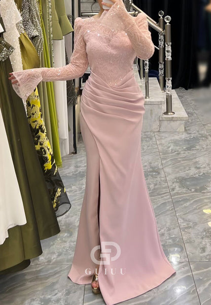 Elegant Long Sleeves Scoop Ruched Slit Empire-Waist Prom Dress