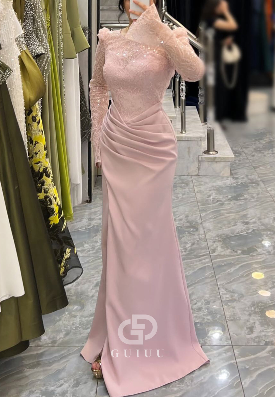 Elegant Long Sleeves Scoop Ruched Slit Empire-Waist Prom Dress