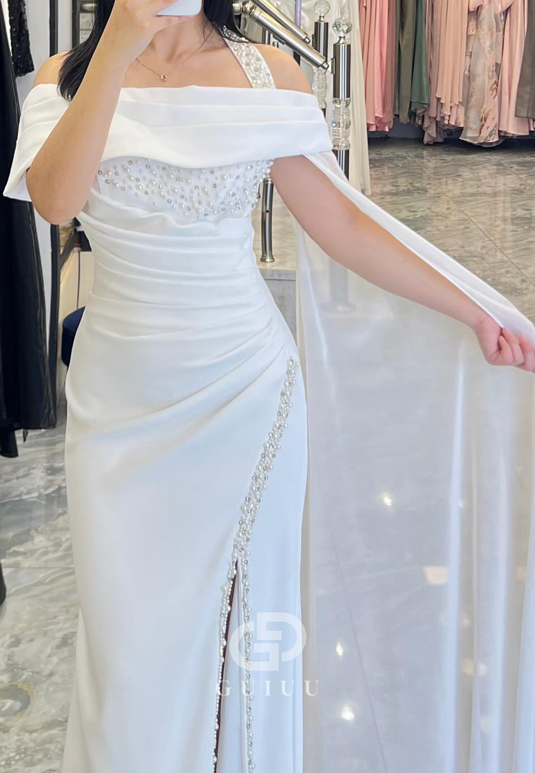 White Sleeveless Strapless Beads Ruched Prom Dress