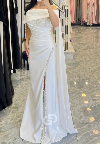 White Sleeveless Strapless Beads Ruched Prom Dress