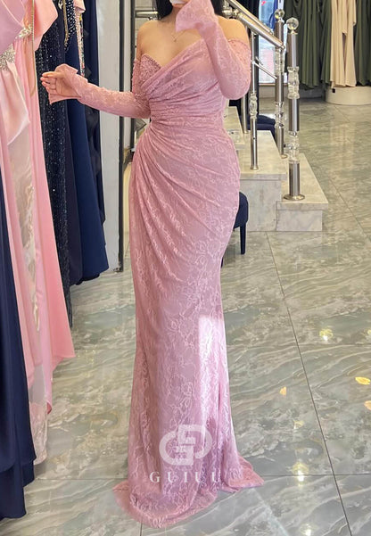 Blushing Pink Long Sleeves Off-Shoulder Slit Ruched Prom Dress