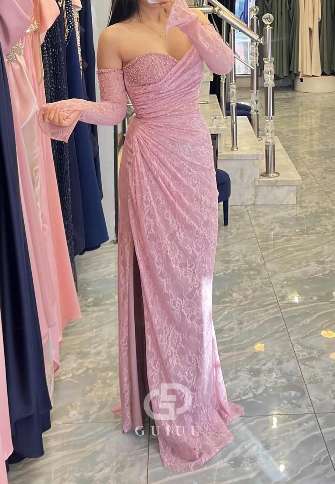 Blushing Pink Long Sleeves Off-Shoulder Slit Ruched Prom Dress