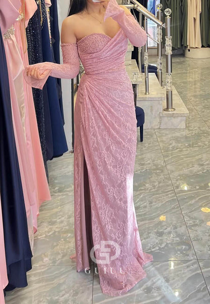 Blushing Pink Long Sleeves Off-Shoulder Slit Ruched Prom Dress