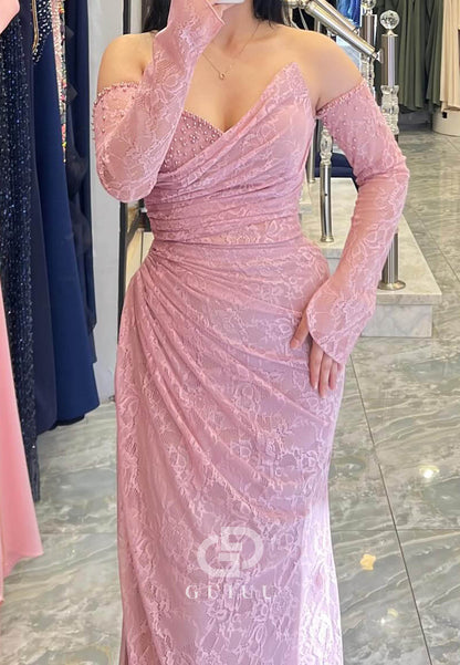 Blushing Pink Long Sleeves Off-Shoulder Slit Ruched Prom Dress