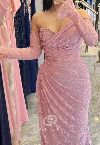 Blushing Pink Long Sleeves Off-Shoulder Slit Ruched Prom Dress