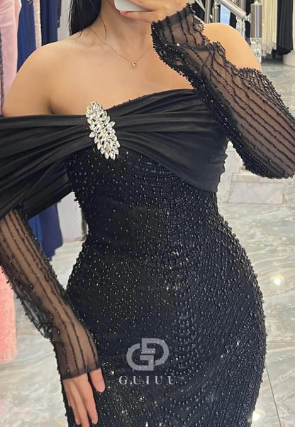 Black Long Sleeves Off-Shoulder Sheath Sequins Prom Dress
