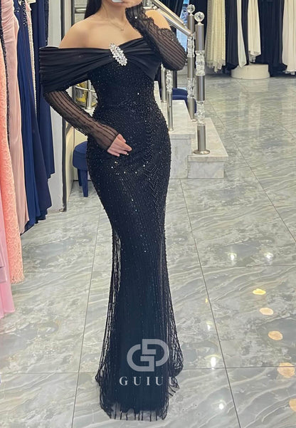 Black Long Sleeves Off-Shoulder Sheath Sequins Prom Dress