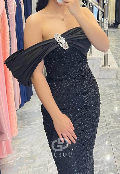 Black Long Sleeves Off-Shoulder Sheath Sequins Prom Dress