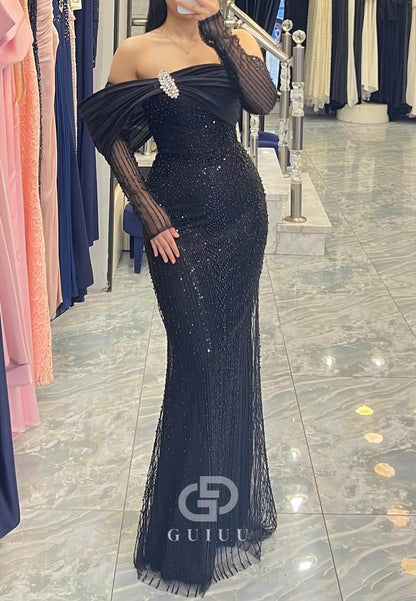 Black Long Sleeves Off-Shoulder Sheath Sequins Prom Dress