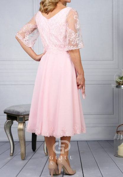 Blushing Pink Short Sleeves V-Neck A-Line Mother of the Bride Dress