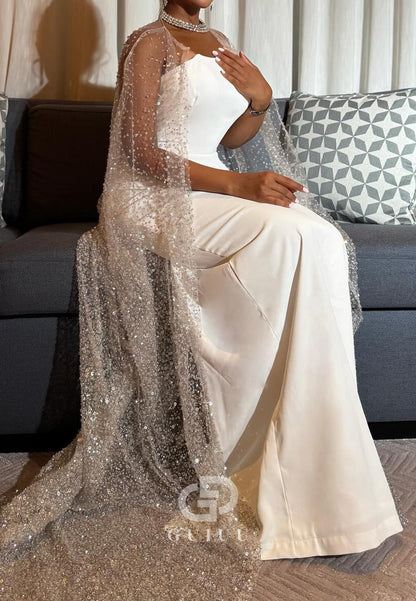 Simple Sleeveless Strapless Ruched Cape Wedding Dress