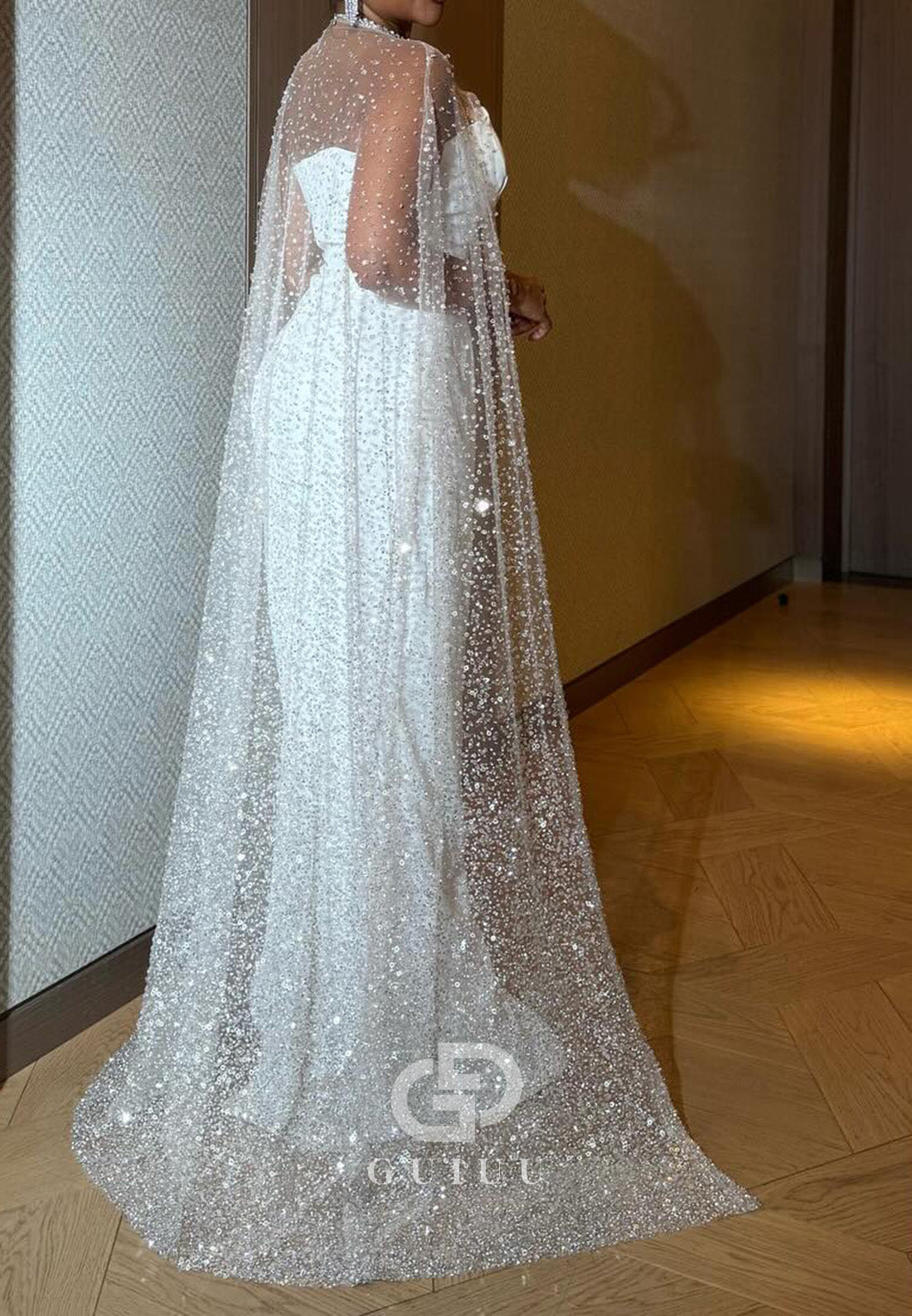 Simple Sleeveless Strapless Ruched Cape Wedding Dress