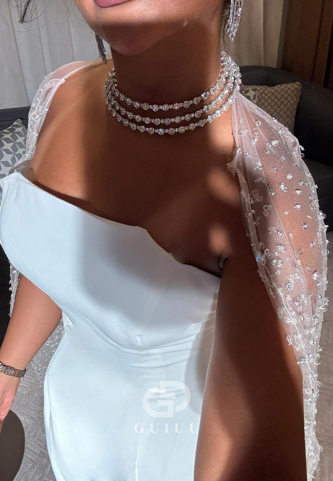 Simple Sleeveless Strapless Ruched Cape Wedding Dress