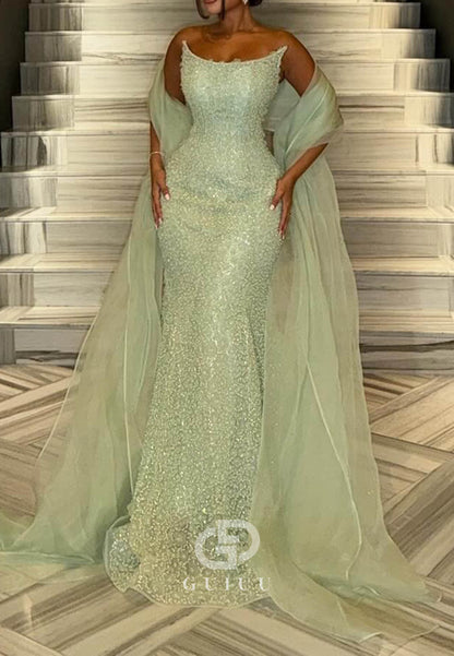 Dusty Sage Sleeveless Strapless Sequins Mermaid Prom Dress