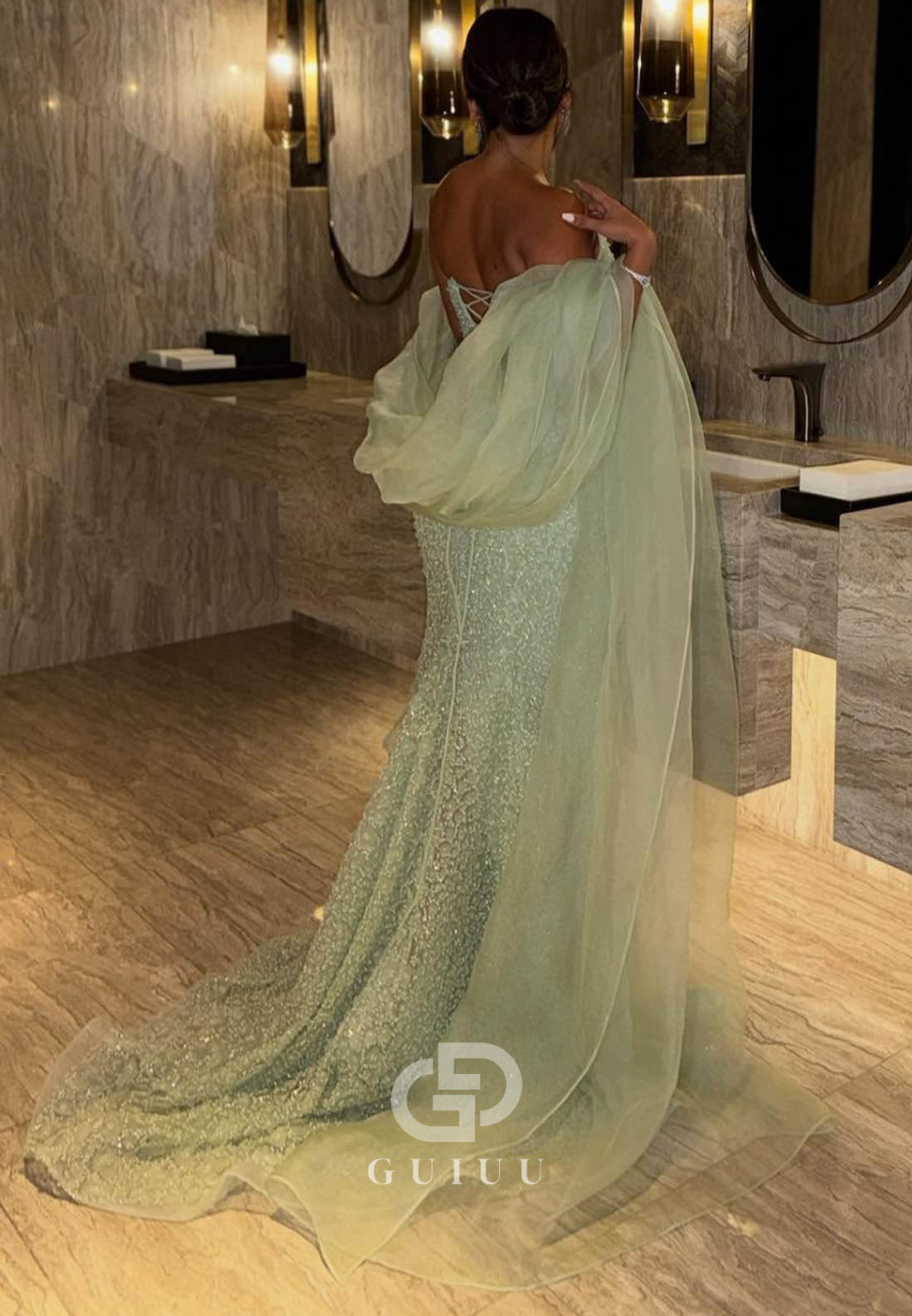 Dusty Sage Sleeveless Strapless Sequins Mermaid Prom Dress