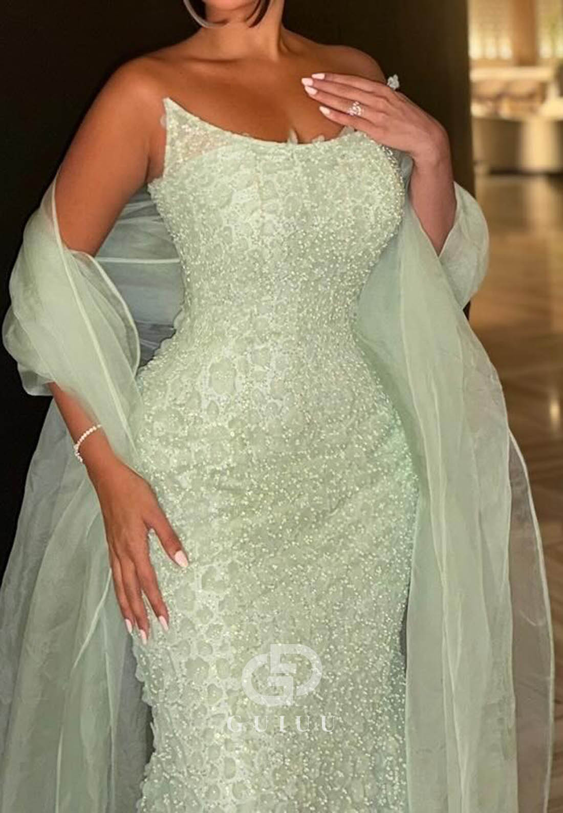 Dusty Sage Sleeveless Strapless Sequins Mermaid Prom Dress