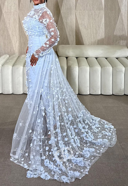 Sky Blue Long Sleeves High Neck Floral Appliques Slit Prom Dress