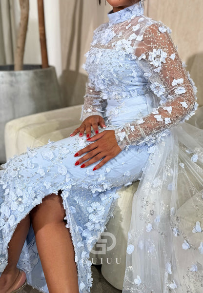 Sky Blue Long Sleeves High Neck Floral Appliques Slit Prom Dress