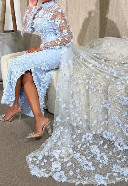 Sky Blue Long Sleeves High Neck Floral Appliques Slit Prom Dress