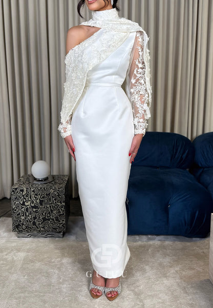 White Long Sleeves High Neck Floral Appliques Evening Dress