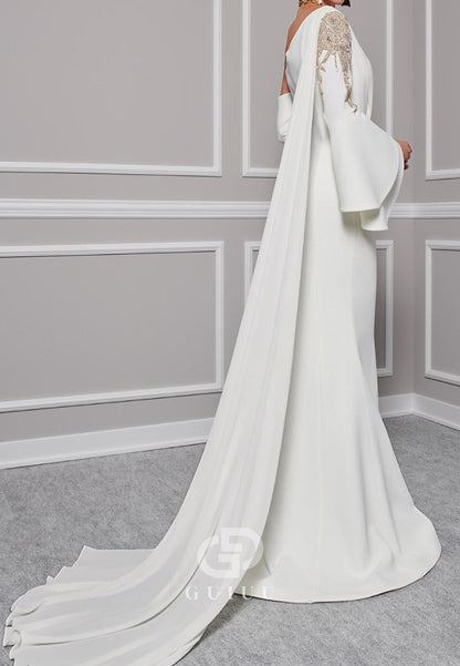 Asymmetrical Long Sleeves Appliques A-Line  Evening Dress