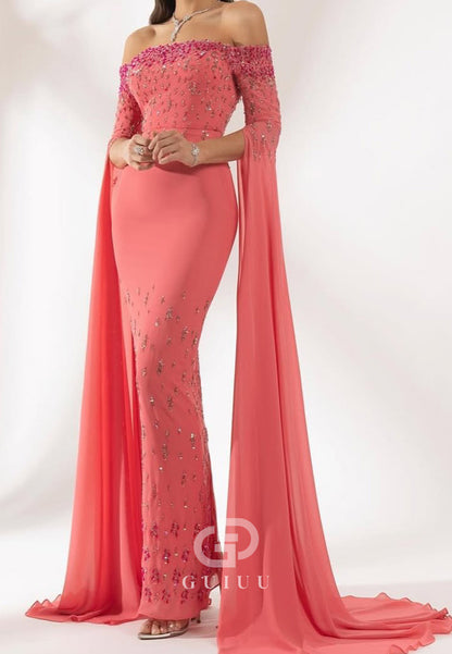 Watermelon Long Sleeves Off-Shoulder Sequins Evening Dress
