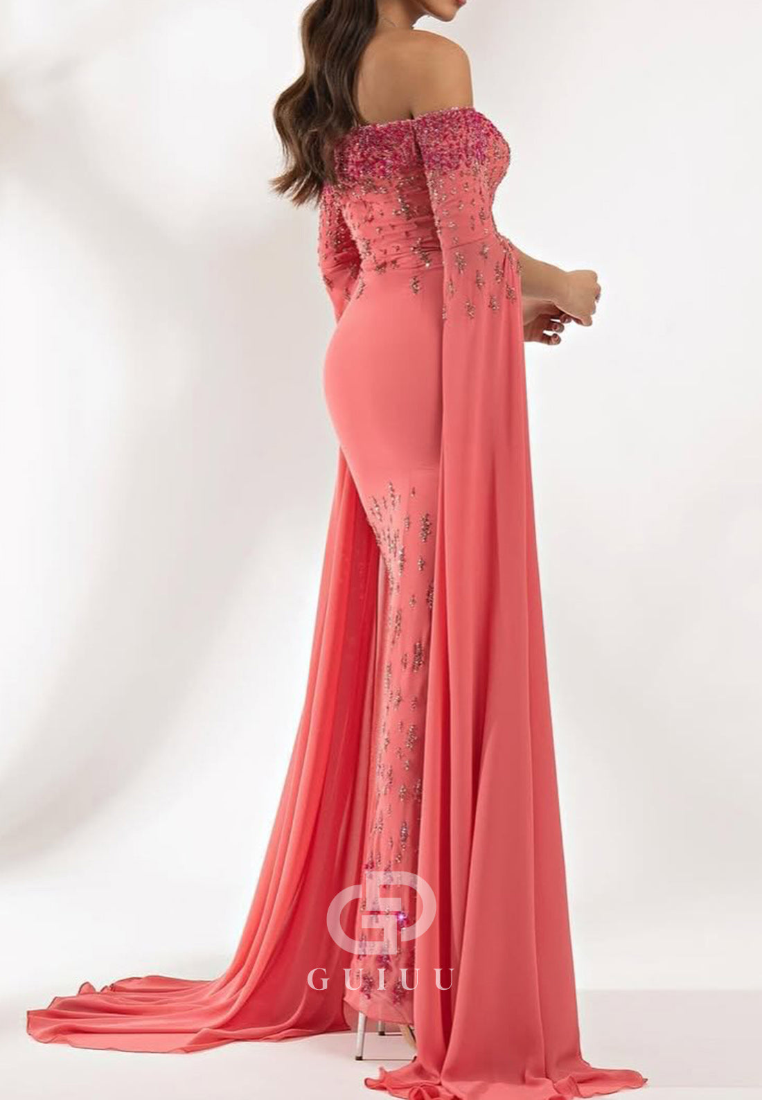 Watermelon Long Sleeves Off-Shoulder Sequins Evening Dress