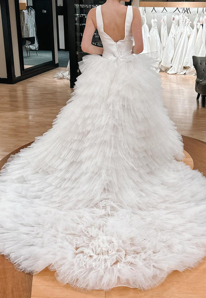 Spaghetti Straps V-Neck Backless A-Line Detachable Train Wedding Dress