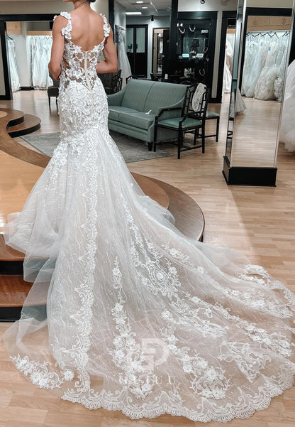 Spaghetti Straps Sweetheart Floral Appliques Mermaid Wedding Dress