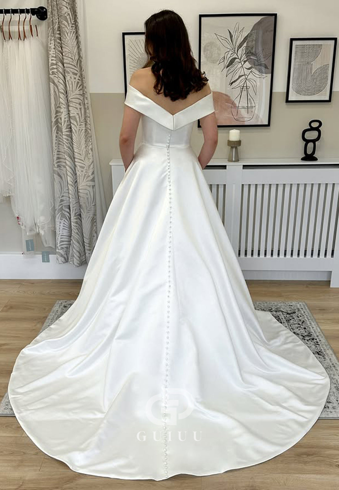Simple Off-Shoulder Sweetheart Sweep Train Satin Wedding Dress