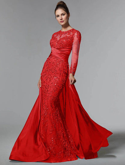 GM055 - Mermaid Long Sleeves Sweep Brush Train Appliques Stain Pleated Mother of the Bride Dress Formal Wedding Guest Gown