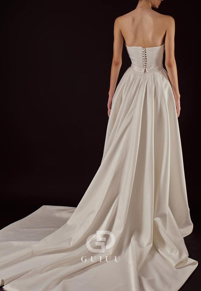 Sheath Strapless Sleeveless Removeable Train Satin Wedding Dress