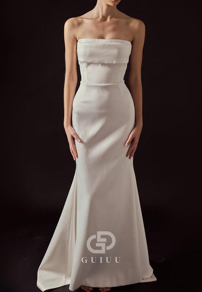 Sheath Strapless Sleeveless Removeable Train Satin Wedding Dress