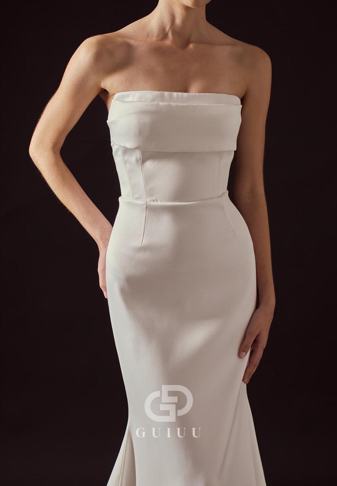 Sheath Strapless Sleeveless Removeable Train Satin Wedding Dress