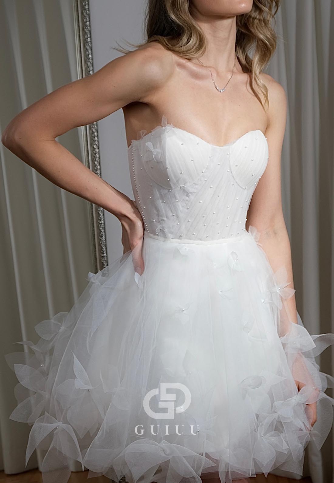 A-Line Strapless Sleeves Appliques Mini Lace Wedding Dress