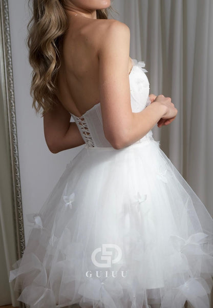 A-Line Strapless Sleeves Appliques Mini Lace Wedding Dress