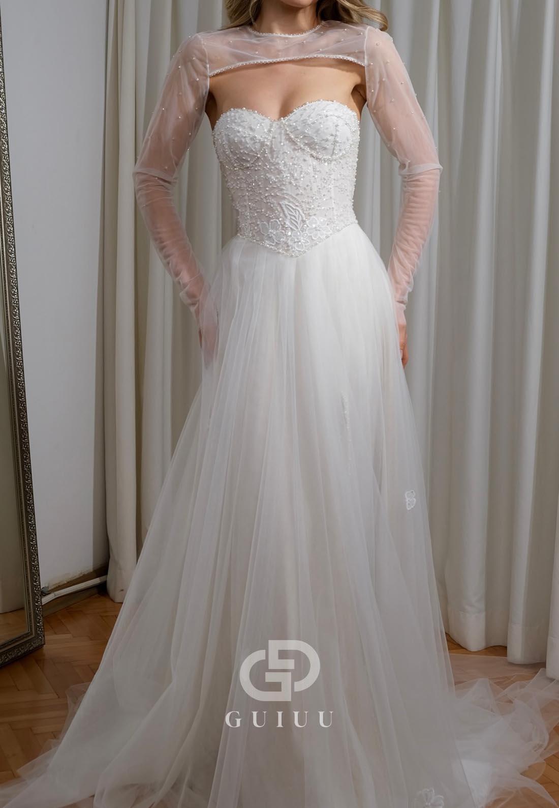 Elegant A-Line Long Sleeves Sweetheart Empire-Waist Lace Wedding Dress