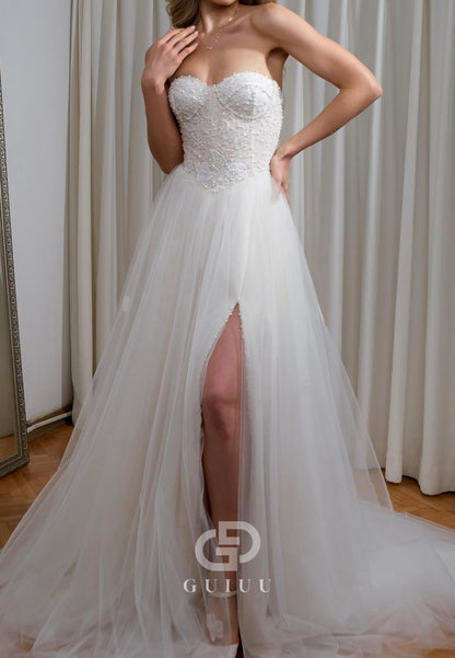 Elegant A-Line Long Sleeves Sweetheart Empire-Waist Lace Wedding Dress