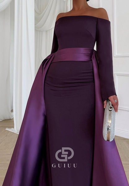 Raspberry A-Line Long Sleeves Scoop Evening Dress