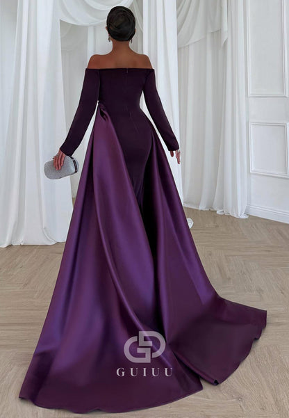 Raspberry A-Line Long Sleeves Scoop Evening Dress