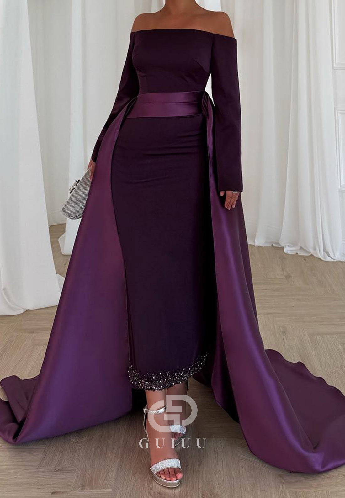 Raspberry A-Line Long Sleeves Scoop Evening Dress