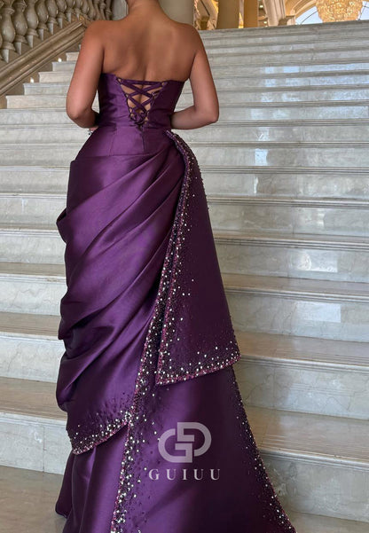 Raspberry A-Line Strapless Sleeveless Ruched Evening Dress