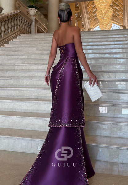 Raspberry A-Line Strapless Sleeveless Ruched Evening Dress