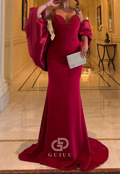 Burgundy Spaghetti Straps V-Neck Mermaid Evening Dress