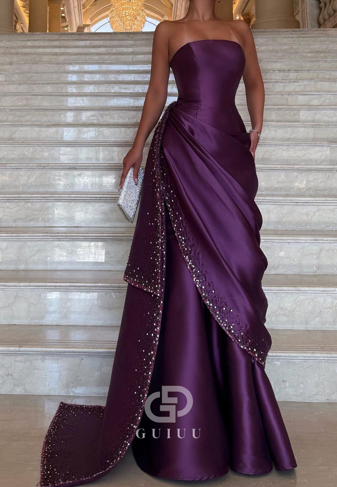 Raspberry A-Line Strapless Sleeveless Ruched Evening Dress