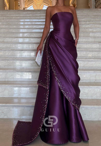 Raspberry A-Line Strapless Sleeveless Ruched Evening Dress