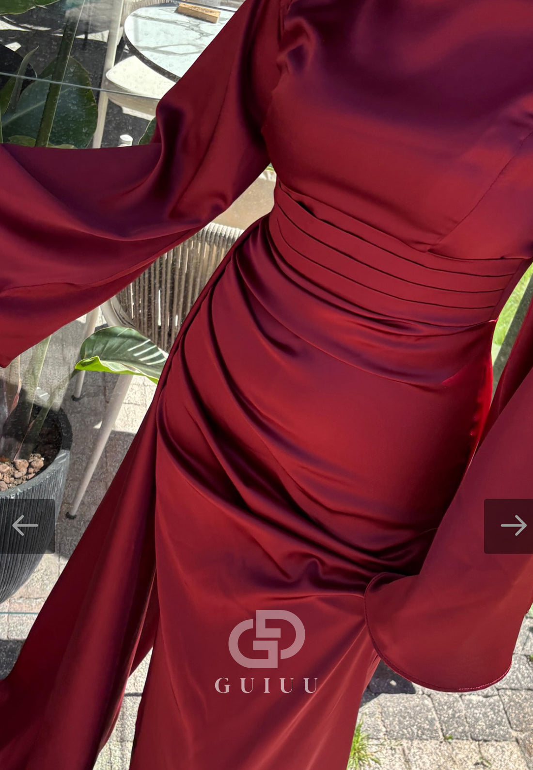 Long Sleeves Scoop Ruched Empire-Waist Evening Dress