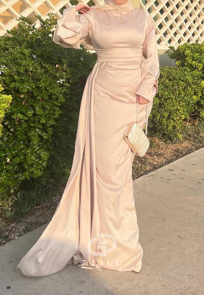 Long Sleeves Scoop Ruched Empire-Waist Evening Dress