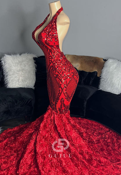 Red Halter Sleeveless Backless Mermaid Prom Dress for Black Girl