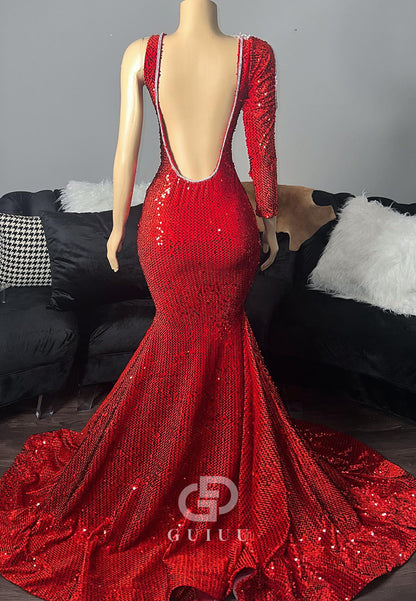 One Shoulder Long Sleeves Sequins Mermaid Prom Dress for Black Girl